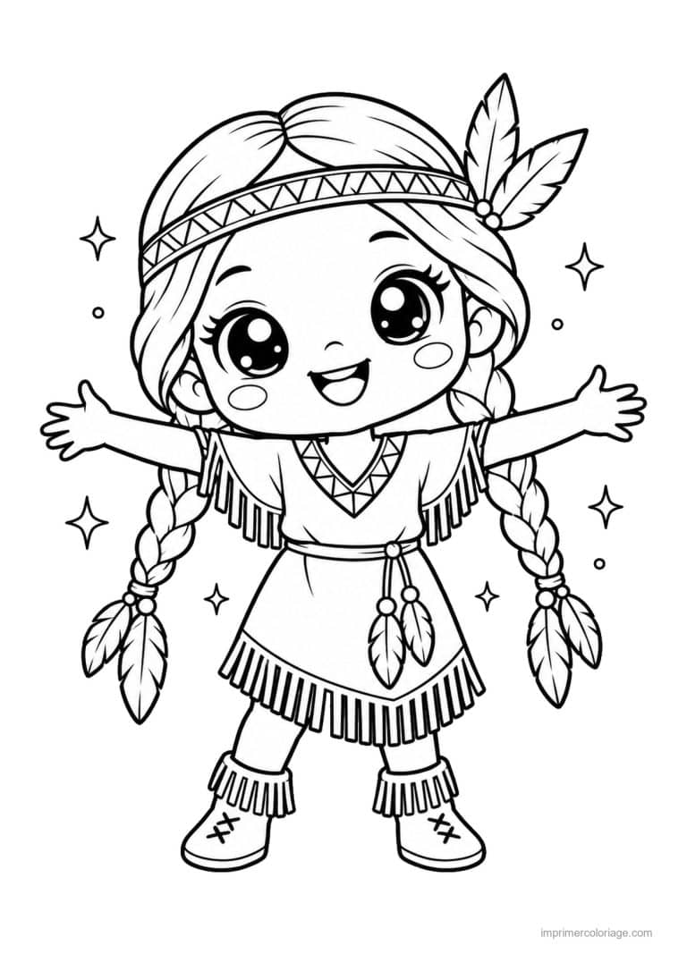 coloriage indien ia petite indienne nattes plumes - dessin gratuit &agrave; imprimer