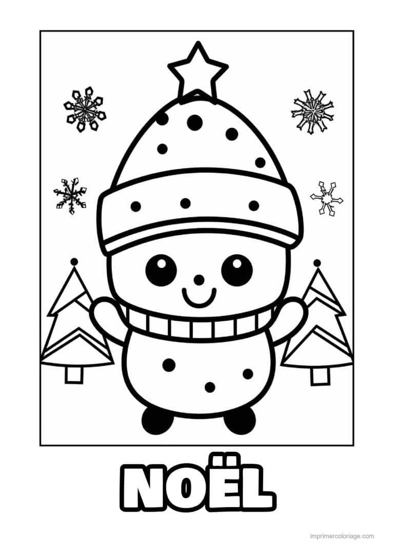 coloriage kawaii noel bonhomme neige bonnet etoile sapins - dessin gratuit &agrave; imprimer