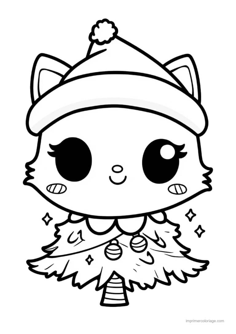 coloriage kawaii noel chat bonnet noel costume sapin - dessin gratuit &agrave; imprimer
