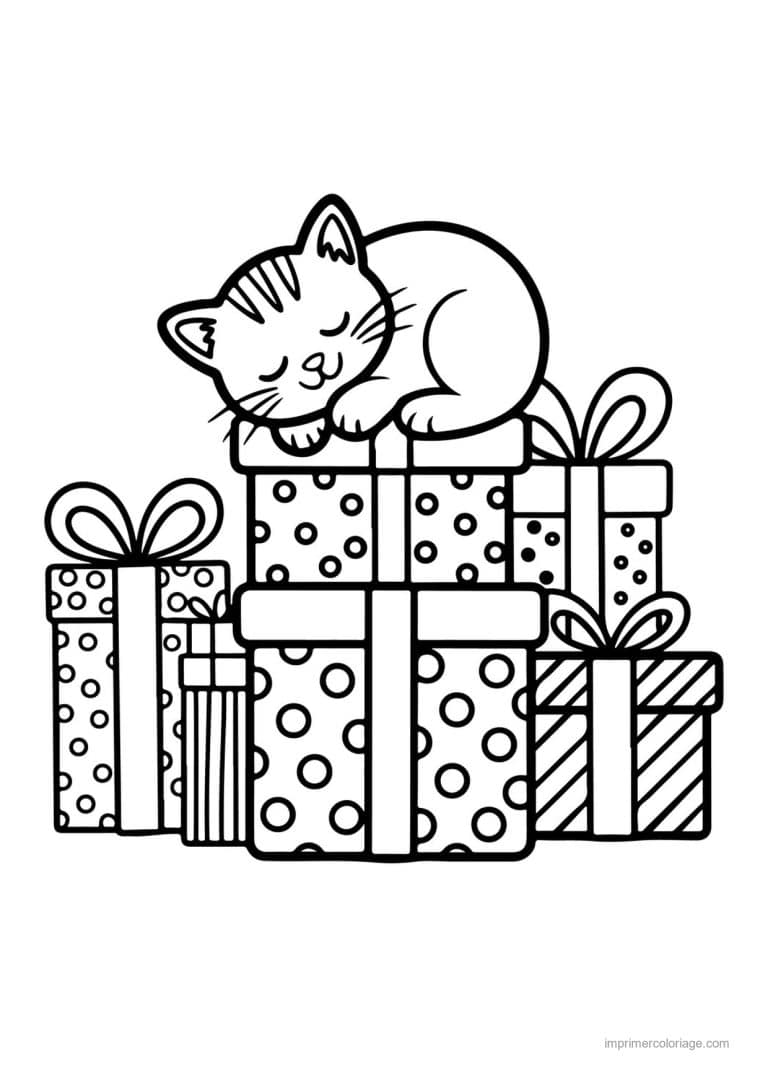 coloriage kawaii noel chat endormi pile cadeaux - dessin gratuit &agrave; imprimer