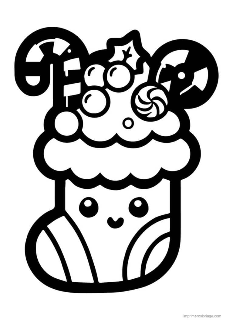 coloriage kawaii noel chaussette kawaii sucres orge bonbons - dessin gratuit &agrave; imprimer