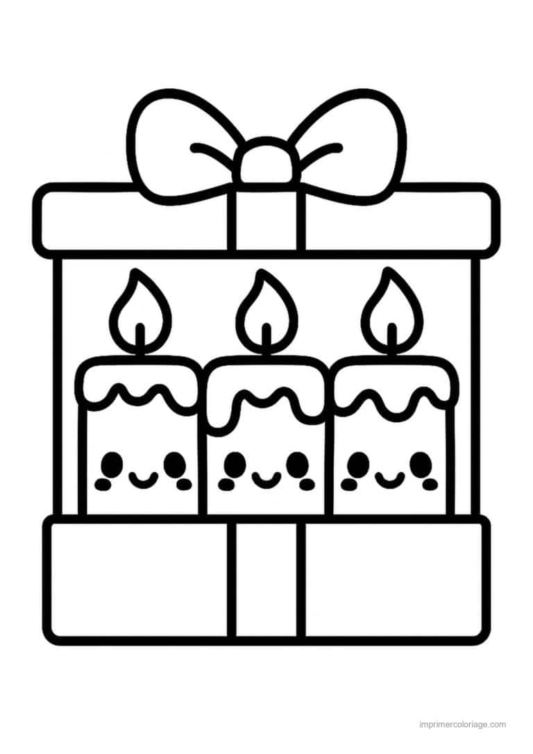 coloriage kawaii noel coffret cadeau trois bougies kawaii - dessin gratuit &agrave; imprimer
