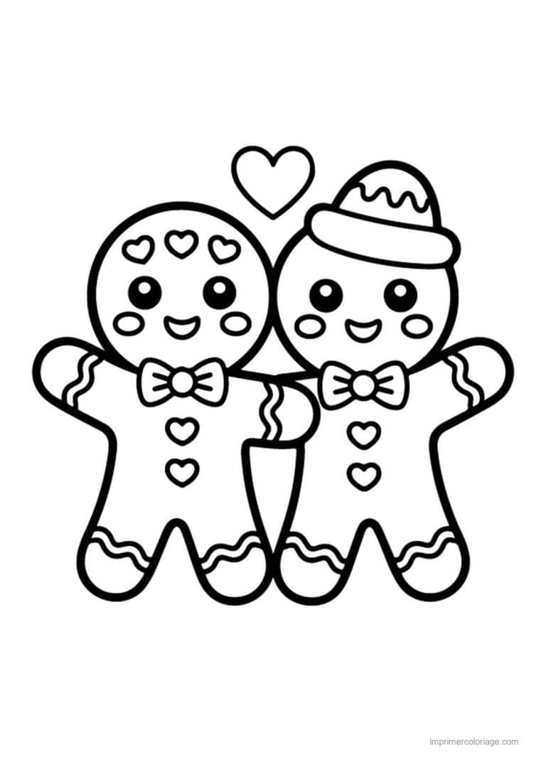 coloriage kawaii noel deux bonshommes pain epice coeur - dessin gratuit &agrave; imprimer