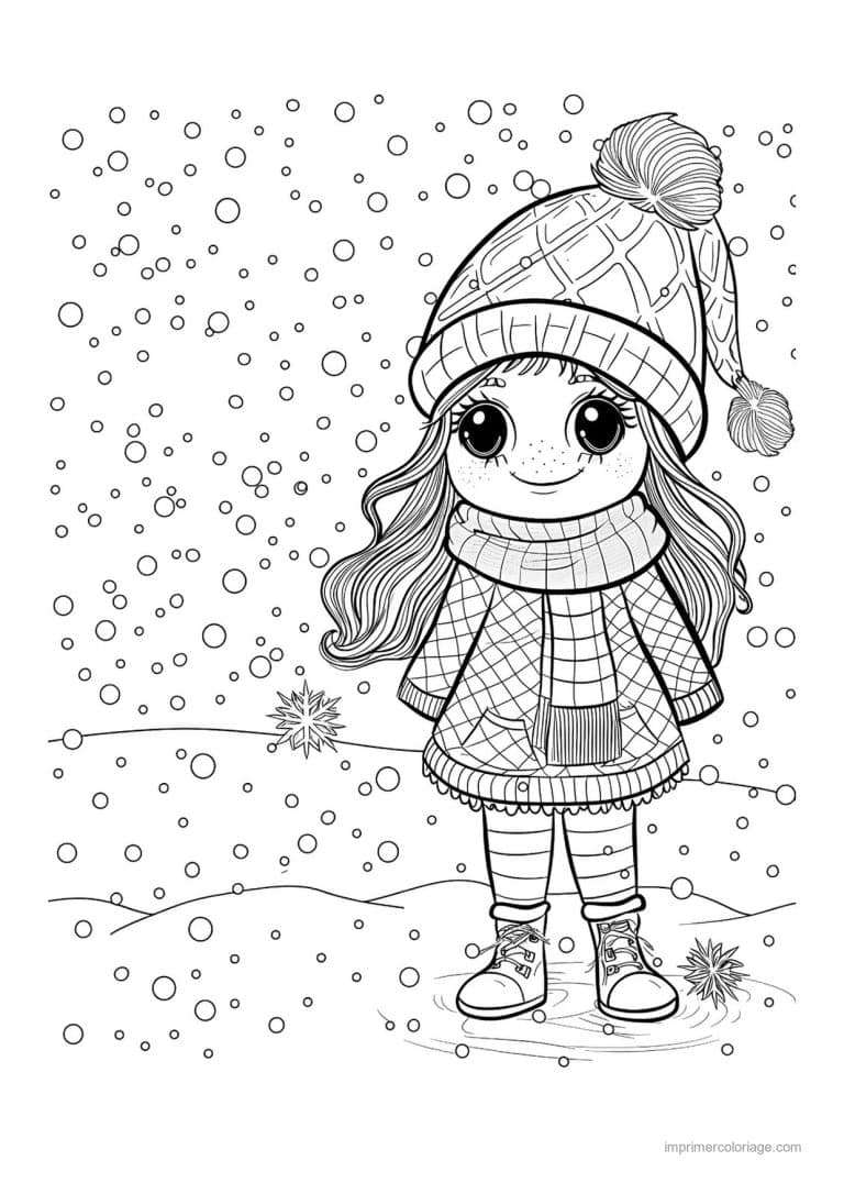 coloriage kawaii noel fillette bonnet echarpe neige - dessin gratuit &agrave; imprimer