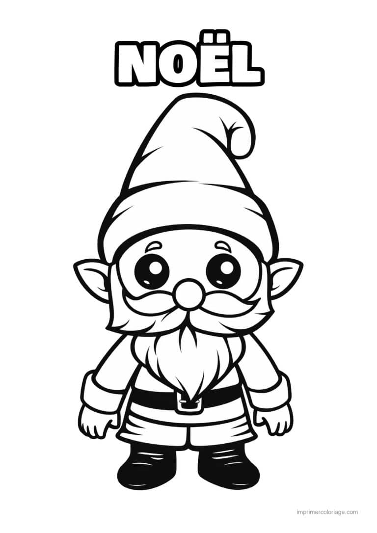 coloriage kawaii noel lutin barbu bonnet oreilles pointues - dessin gratuit &agrave; imprimer