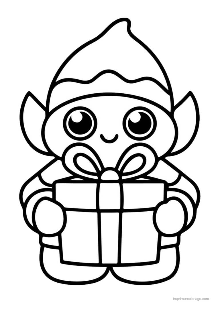 coloriage kawaii noel lutin grands yeux tenant cadeau - dessin gratuit &agrave; imprimer