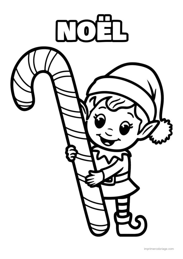coloriage kawaii noel lutin tenant sucre orge geant - dessin gratuit &agrave; imprimer
