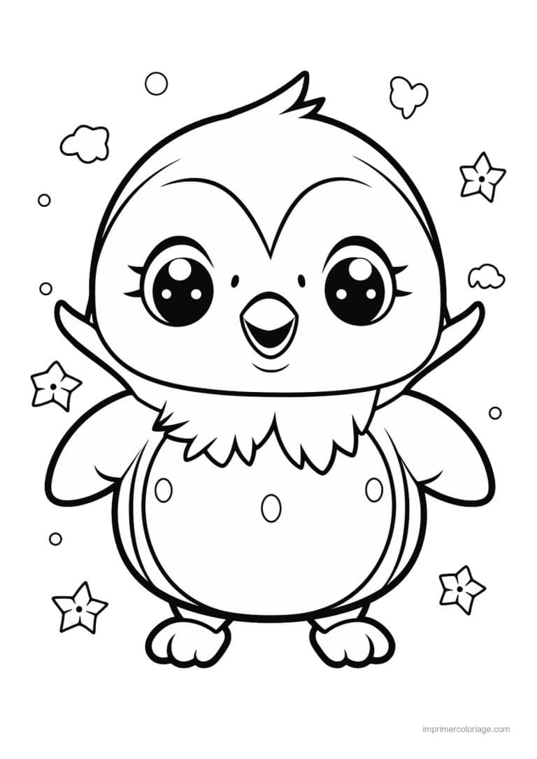 coloriage kawaii noel manchot etoiles fleurs - dessin gratuit &agrave; imprimer