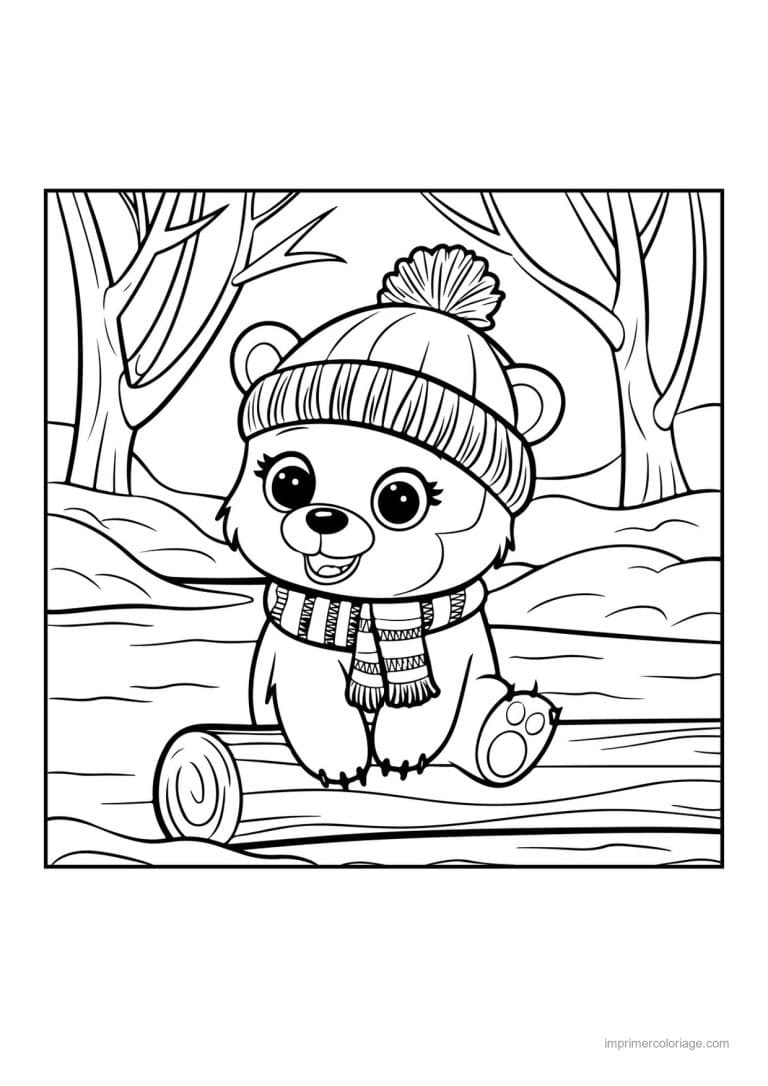 coloriage kawaii noel ourson bonnet echarpe tronc foret - dessin gratuit &agrave; imprimer