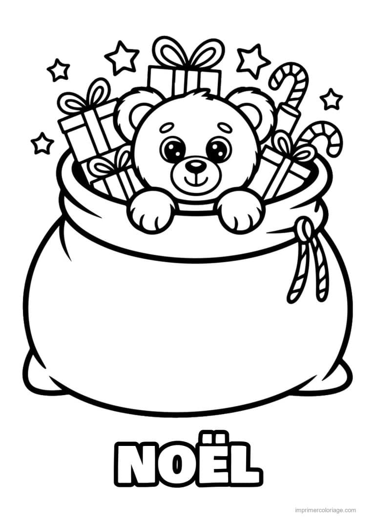 coloriage kawaii noel ourson hotte cadeaux - dessin gratuit &agrave; imprimer
