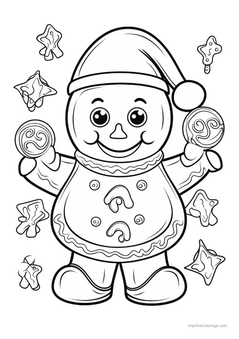 coloriage kawaii noel pain epice bonnet sucettes biscuits - dessin gratuit &agrave; imprimer