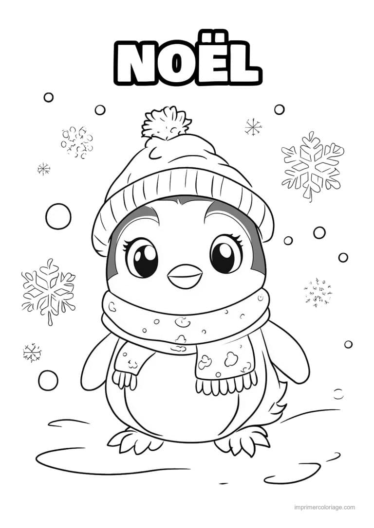 coloriage kawaii noel pingouin bonnet echarpe flocons - dessin gratuit &agrave; imprimer