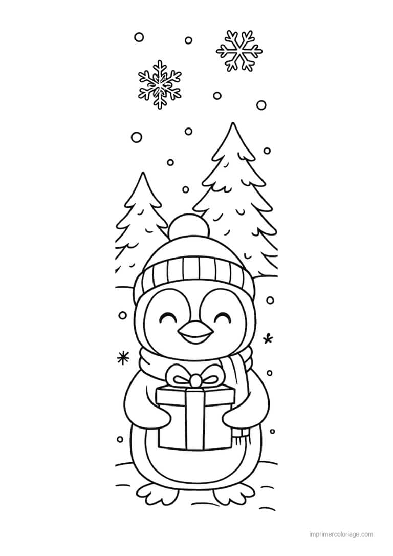 coloriage kawaii noel pingouin bonnet tenant cadeau - dessin gratuit &agrave; imprimer