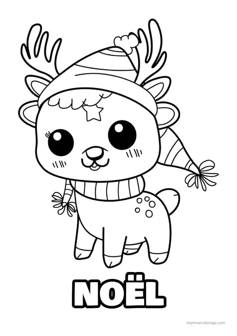 coloriage kawaii noel renne bonnet echarpe grands yeux - dessin gratuit &agrave; imprimer