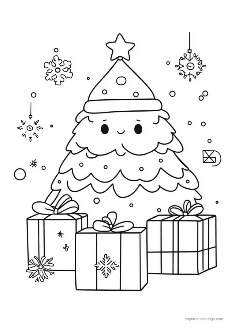 coloriage kawaii noel sapin kawaii cadeaux - dessin gratuit &agrave; imprimer