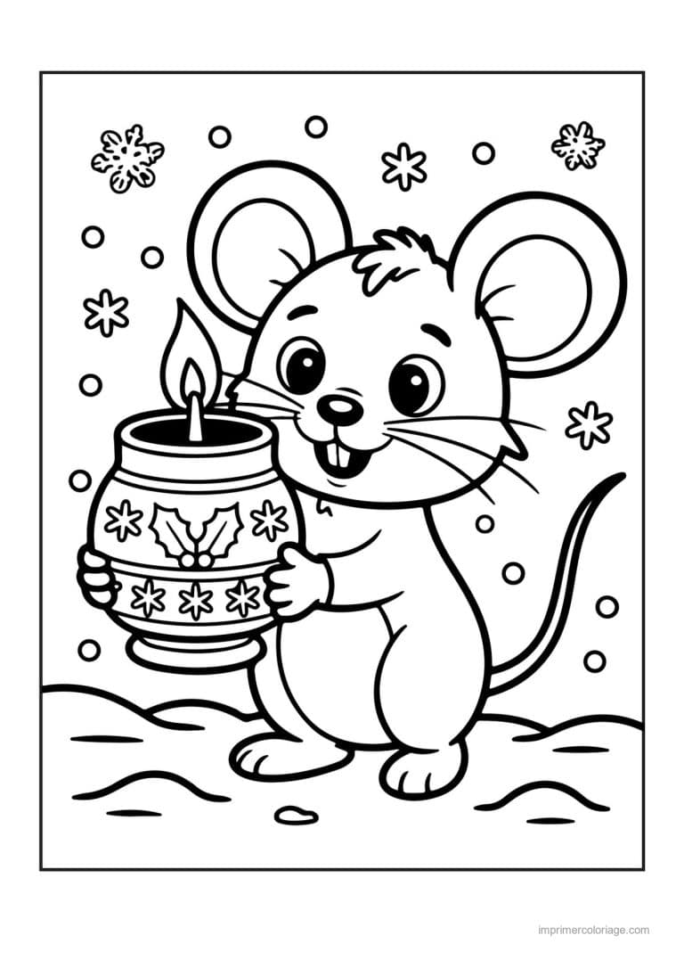 coloriage kawaii noel souris tenant bougie neige - dessin gratuit &agrave; imprimer