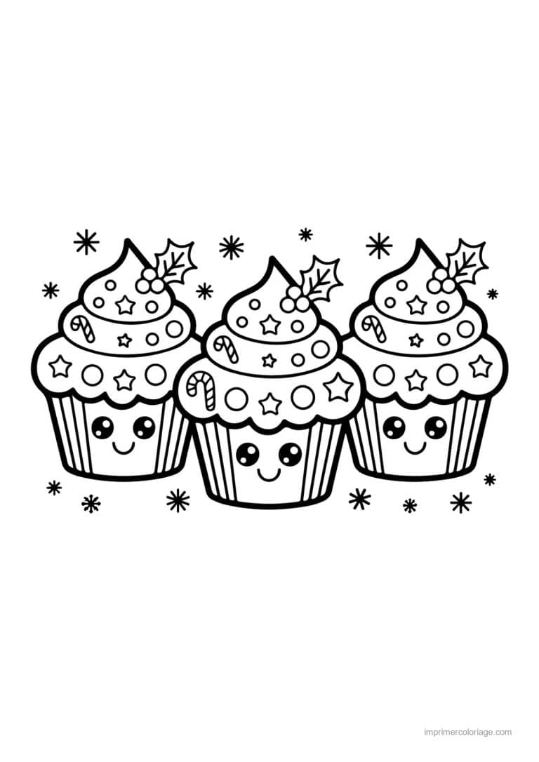 coloriage kawaii noel trois cupcakes kawaii houx - dessin gratuit &agrave; imprimer