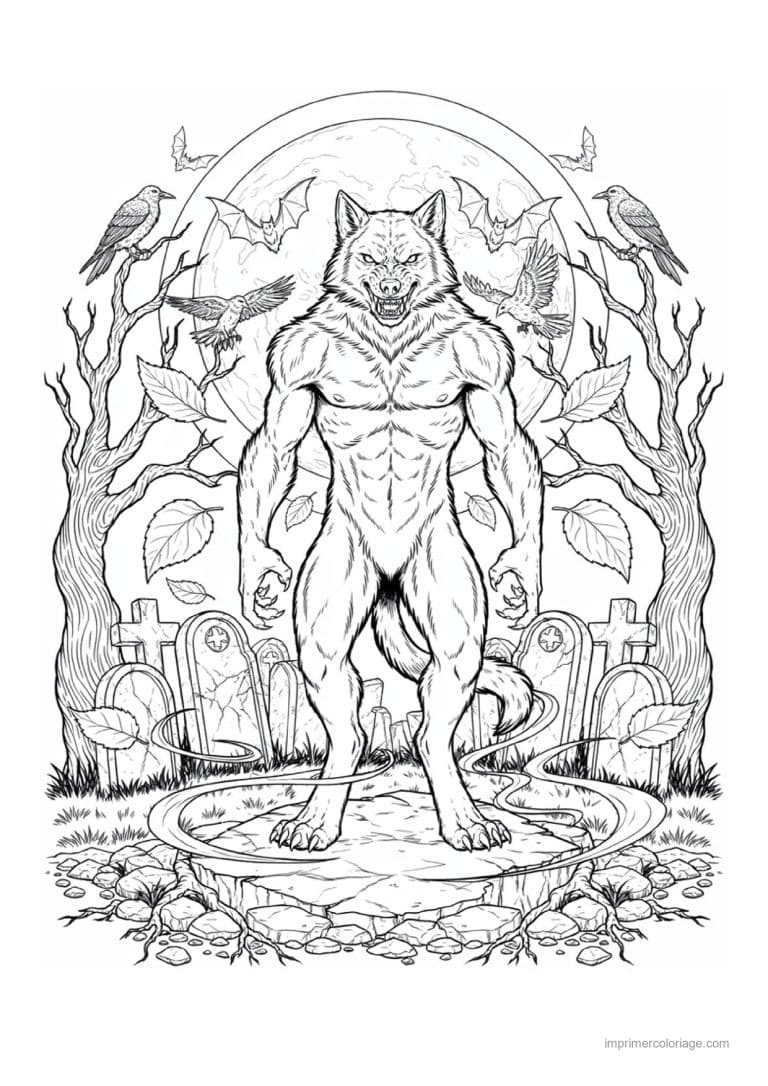 coloriage loup garou loup garou au clair de lune - dessin gratuit &agrave; imprimer