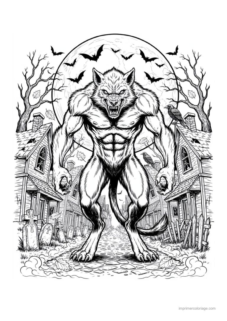 coloriage loup garou loup garou devant la maison - dessin gratuit &agrave; imprimer