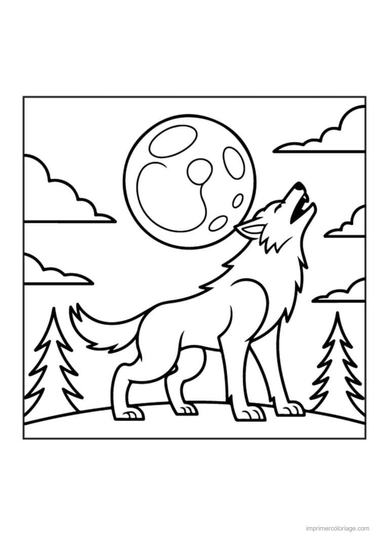 coloriage loup garou loup hurlant devant la pleine lune - dessin gratuit &agrave; imprimer