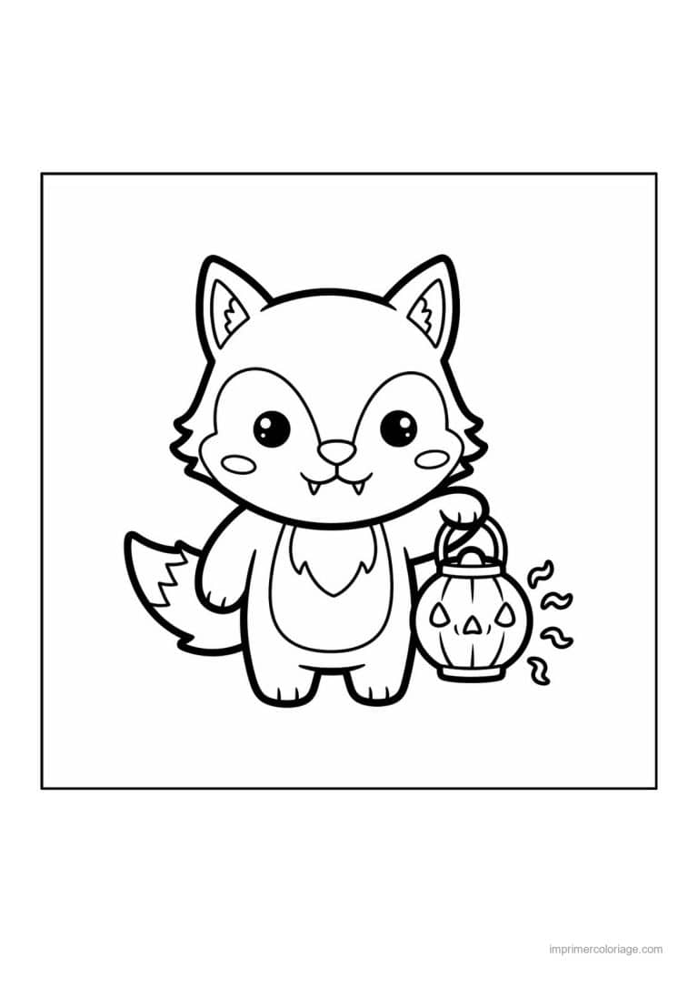 coloriage loup garou louveteau a la lanterne citrouille - dessin gratuit &agrave; imprimer