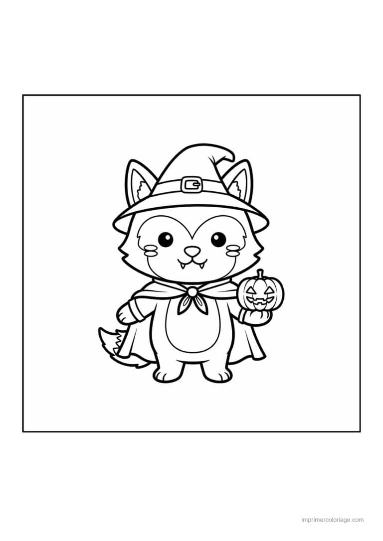 coloriage loup garou louveteau en chapeau de sorciere - dessin gratuit &agrave; imprimer