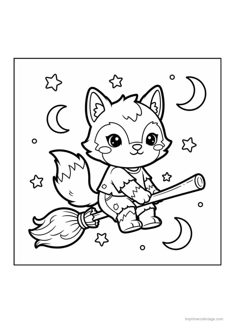coloriage loup garou louveteau sur un balai sous la - dessin gratuit &agrave; imprimer