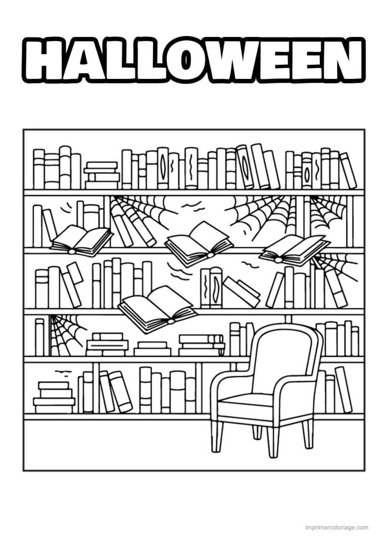 coloriage maison hantee bibliotheque abandonnee et toiles - dessin gratuit &agrave; imprimer