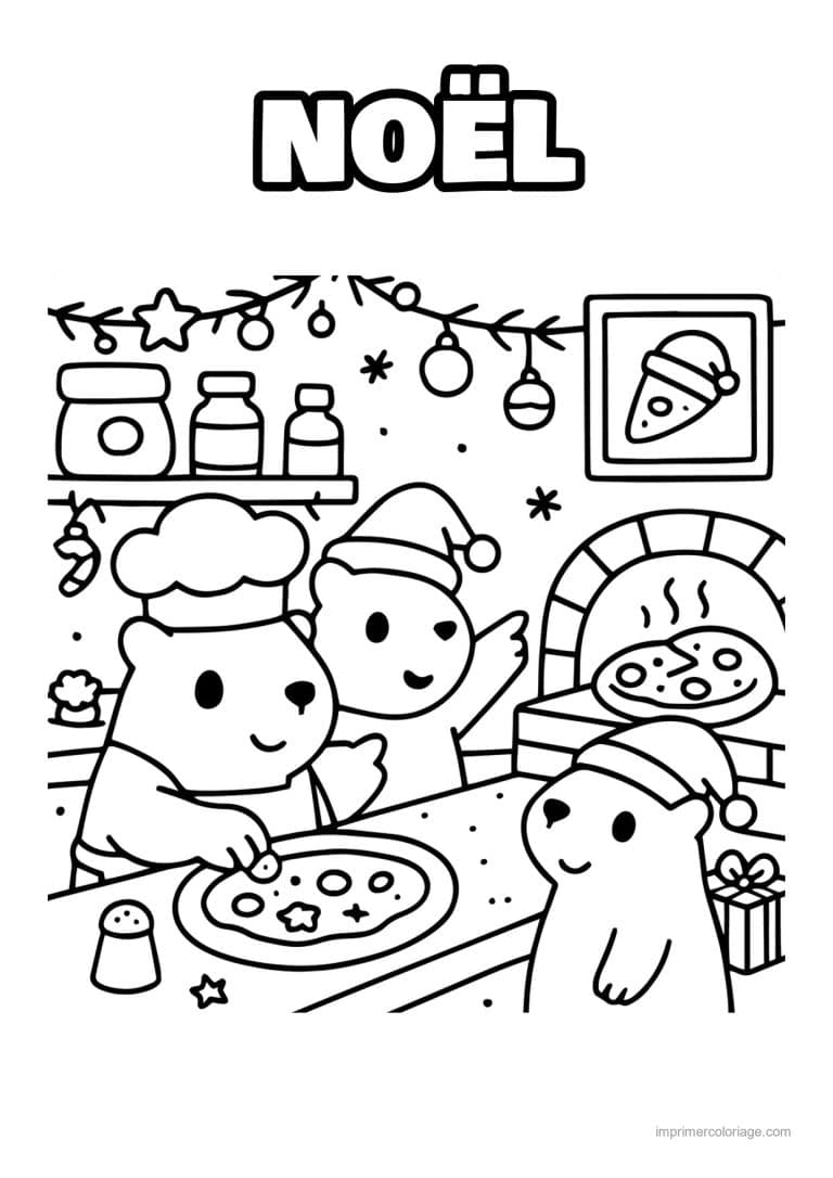 coloriage noel cozy amis en bonnet qui cuisinent - dessin gratuit &agrave; imprimer