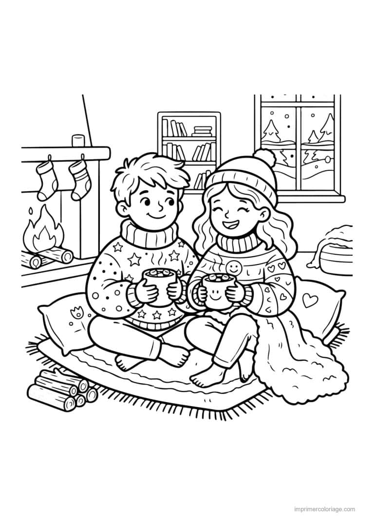 coloriage noel cozy amis et chocolat chaud pres du feu - dessin gratuit &agrave; imprimer