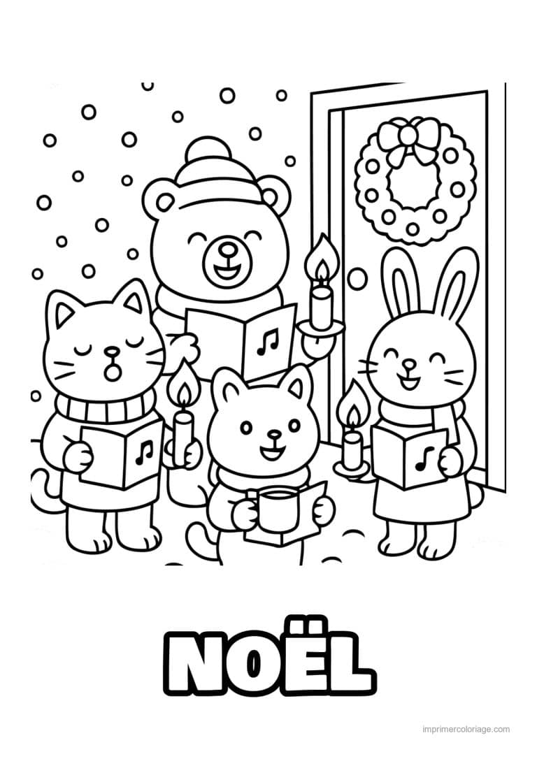 coloriage noel cozy animaux chantent noel devant la porte - dessin gratuit &agrave; imprimer