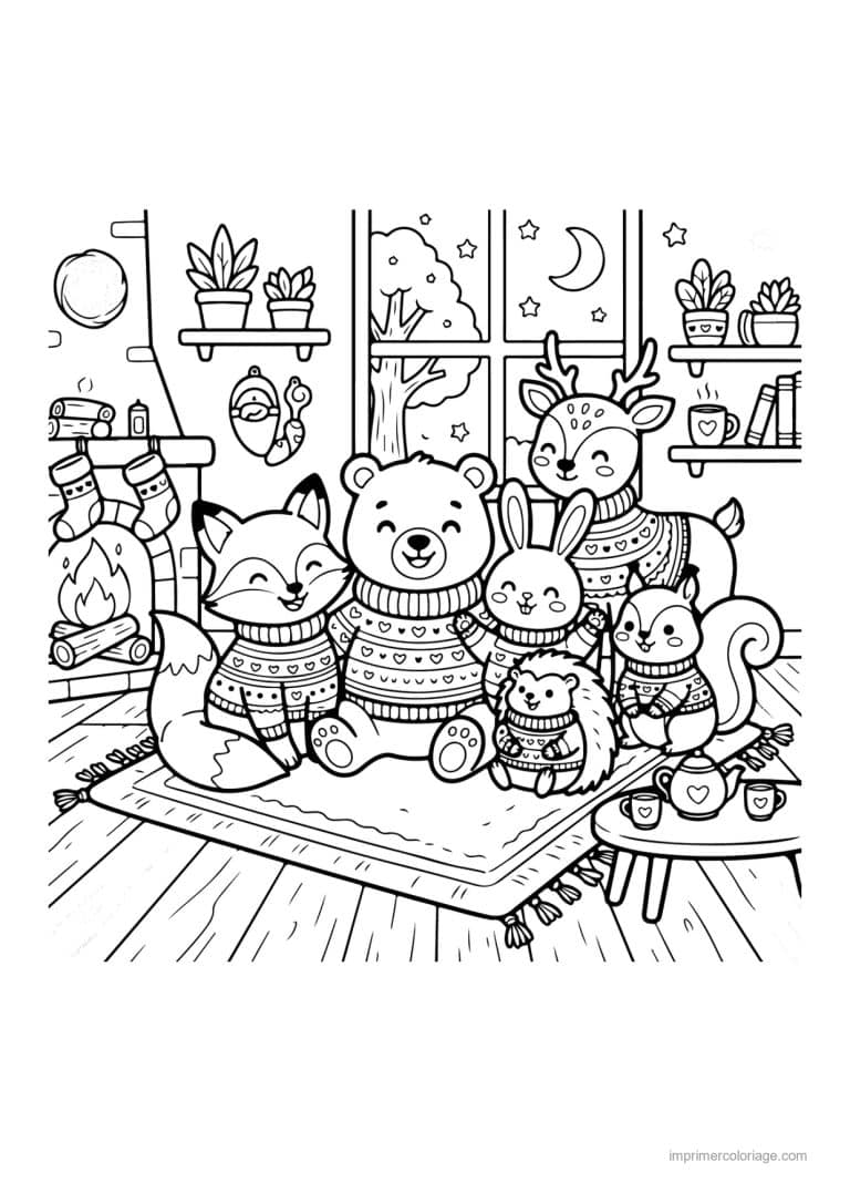 coloriage noel cozy animaux en pull au salon - dessin gratuit &agrave; imprimer