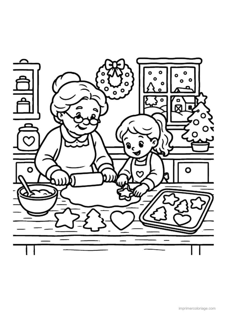 coloriage noel cozy biscuits avec grand mere - dessin gratuit &agrave; imprimer