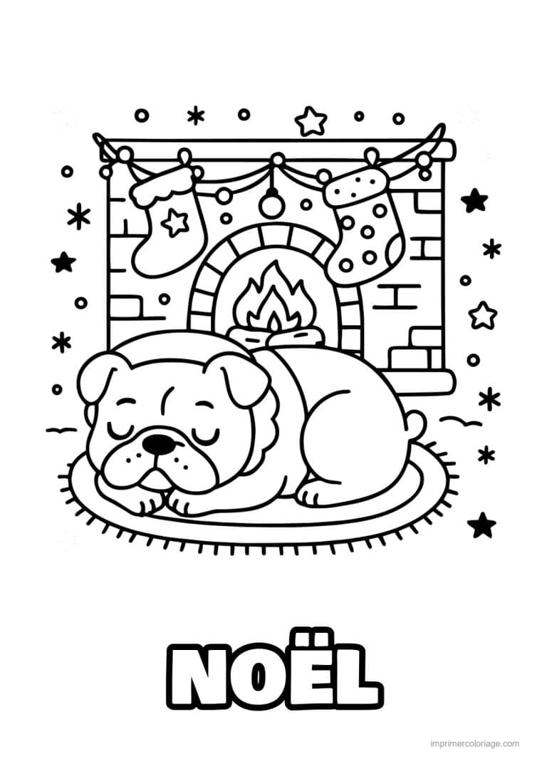 coloriage noel cozy bouledogue qui dort devant le feu - dessin gratuit &agrave; imprimer