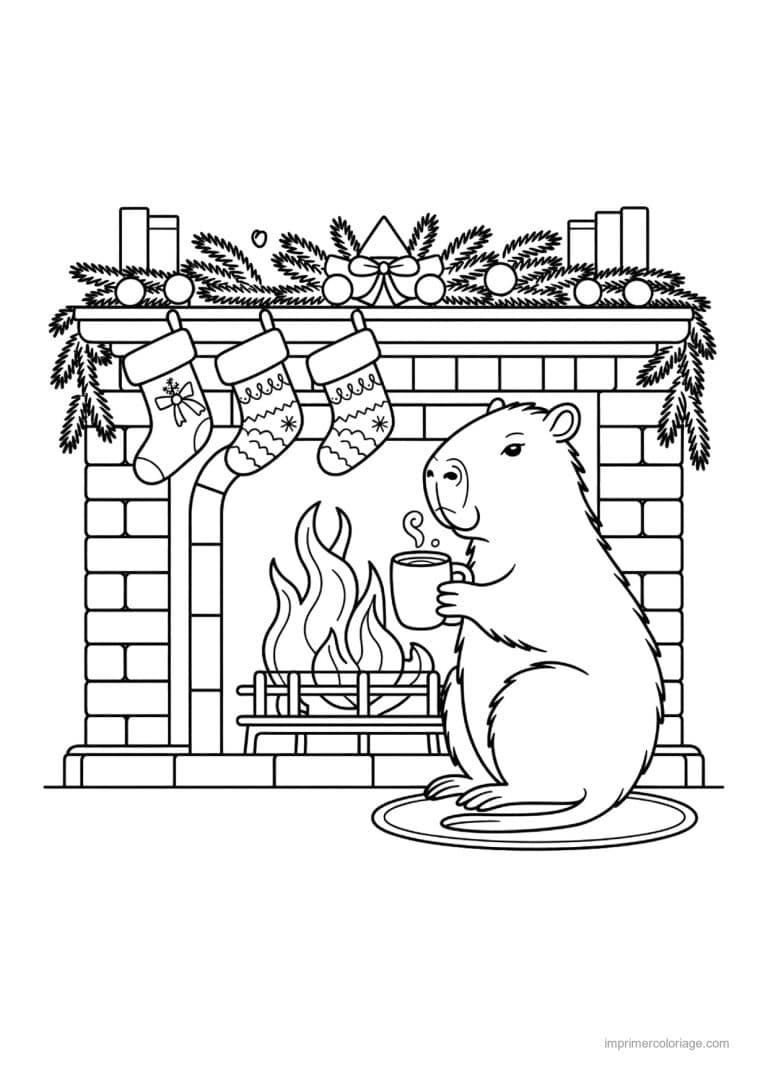 coloriage noel cozy capybara boit pres du feu - dessin gratuit &agrave; imprimer