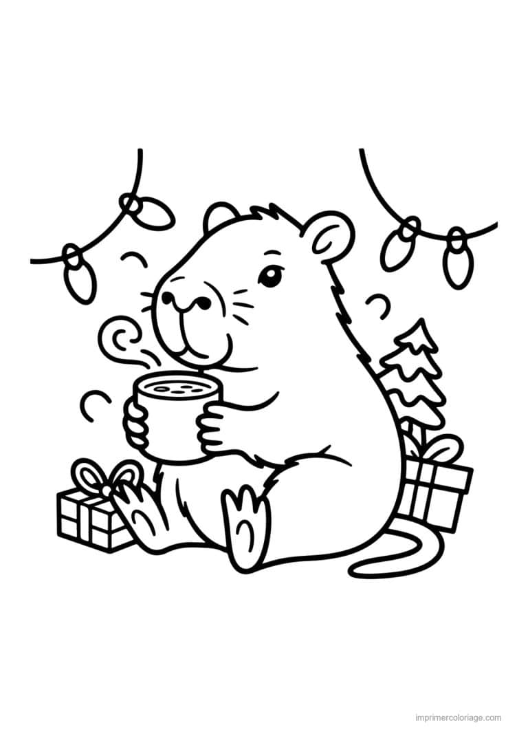coloriage noel cozy capybara et chocolat chaud - dessin gratuit &agrave; imprimer