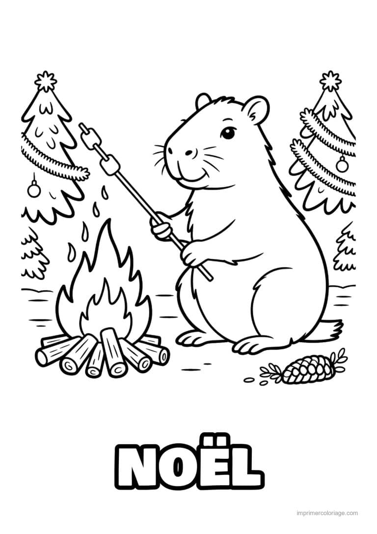 coloriage noel cozy capybara et guimauves au feu de bois - dessin gratuit &agrave; imprimer