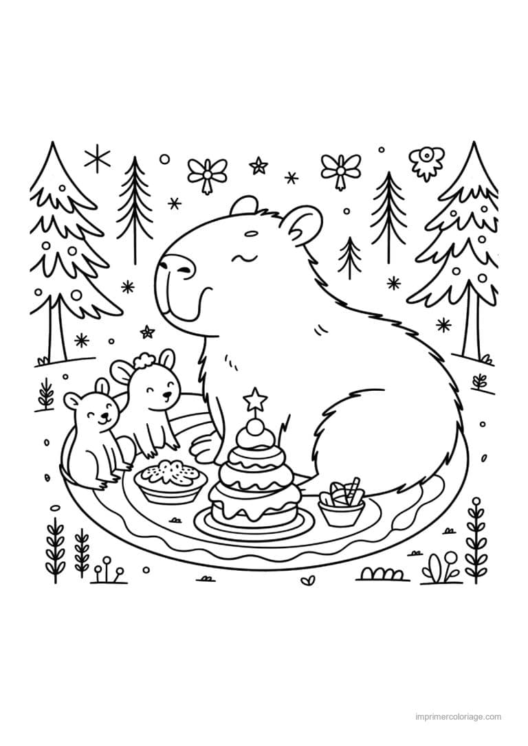 coloriage noel cozy capybara et lapins autour du gateau - dessin gratuit &agrave; imprimer