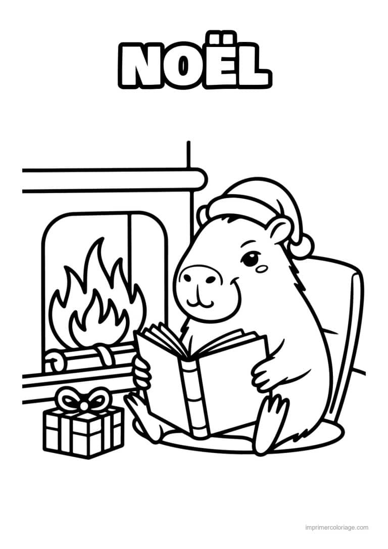 coloriage noel cozy capybara lit pres de la cheminee - dessin gratuit &agrave; imprimer