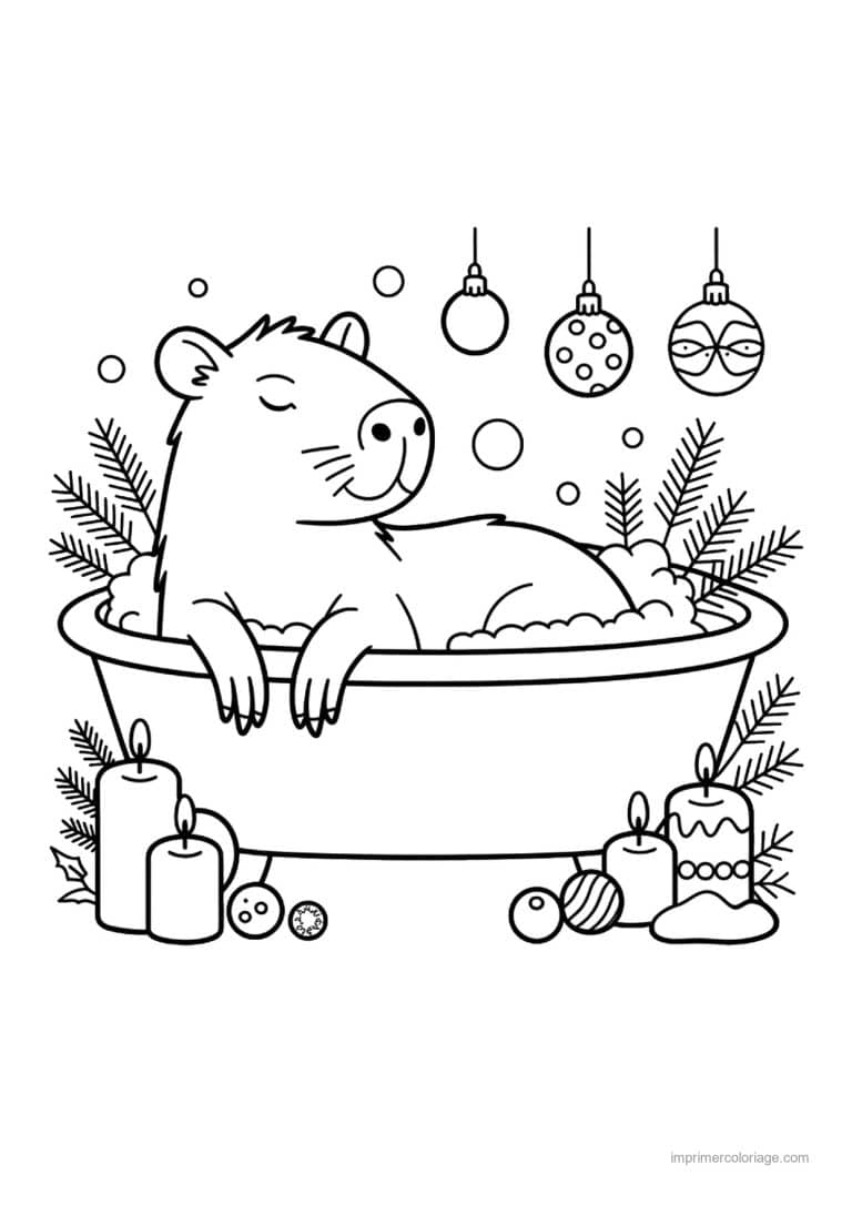 coloriage noel cozy capybara prend un bain de noel - dessin gratuit &agrave; imprimer
