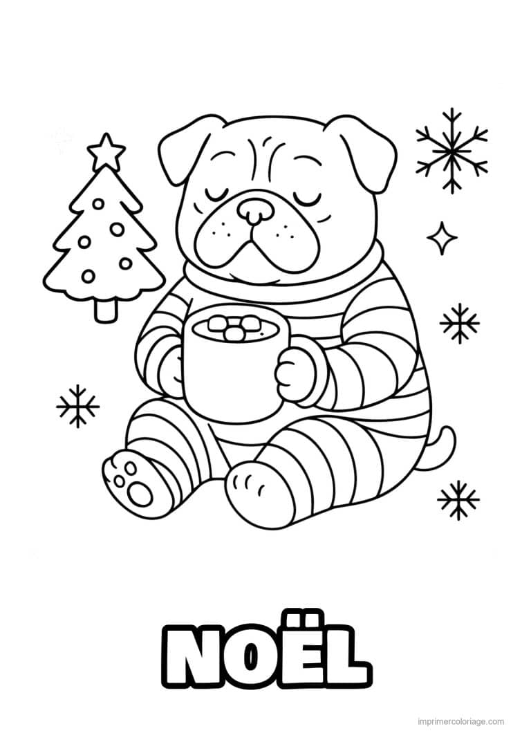 coloriage noel cozy chien en pyjama et chocolat chaud - dessin gratuit &agrave; imprimer