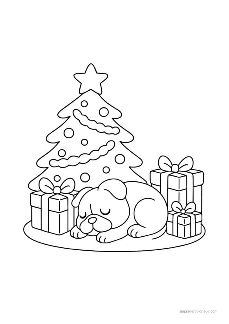coloriage noel cozy chiot endormi sous le sapin - dessin gratuit &agrave; imprimer