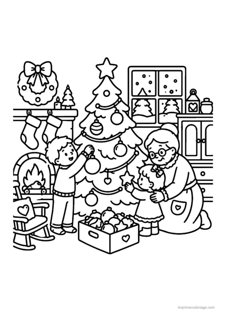 coloriage noel cozy decoration du sapin en famille - dessin gratuit &agrave; imprimer