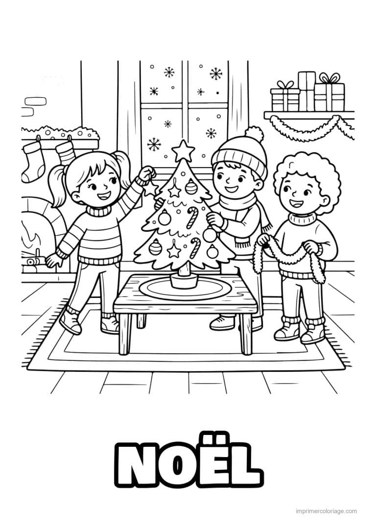 coloriage noel cozy enfants qui decorent le sapin - dessin gratuit &agrave; imprimer