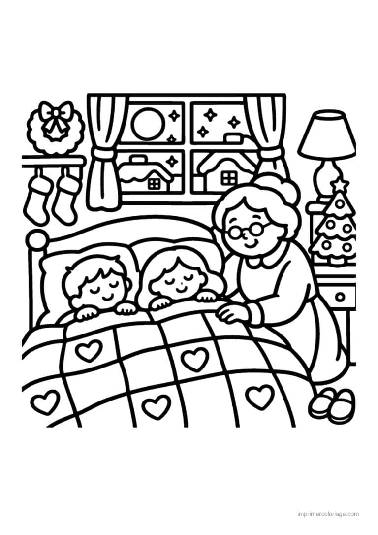 coloriage noel cozy grand mere borde les enfants - dessin gratuit &agrave; imprimer
