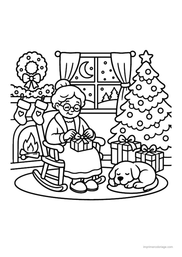 coloriage noel cozy grand mere qui tricote pres du sapin - dessin gratuit &agrave; imprimer