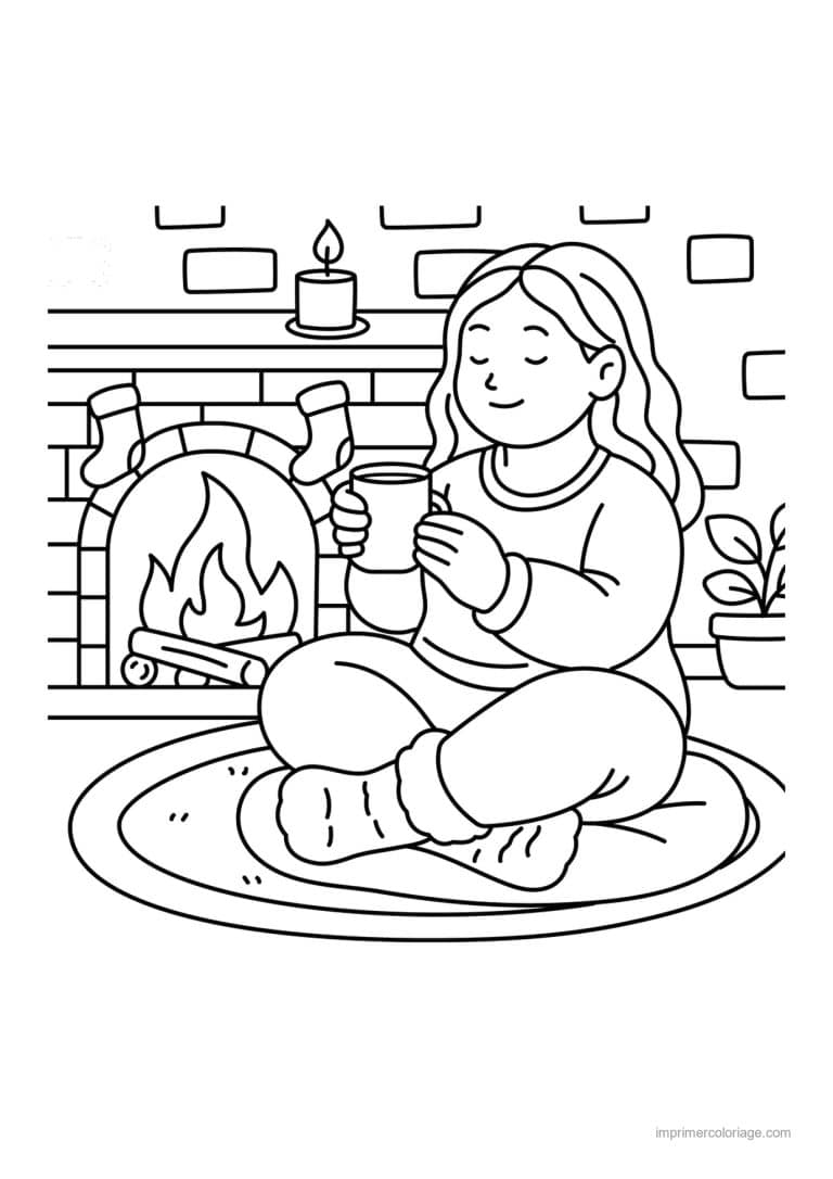 coloriage noel cozy jeune femme au coin du feu - dessin gratuit &agrave; imprimer