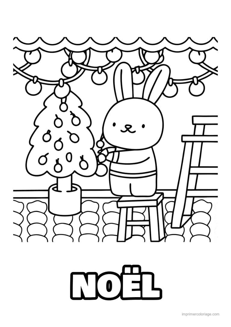 coloriage noel cozy lapin decore le sapin - dessin gratuit &agrave; imprimer