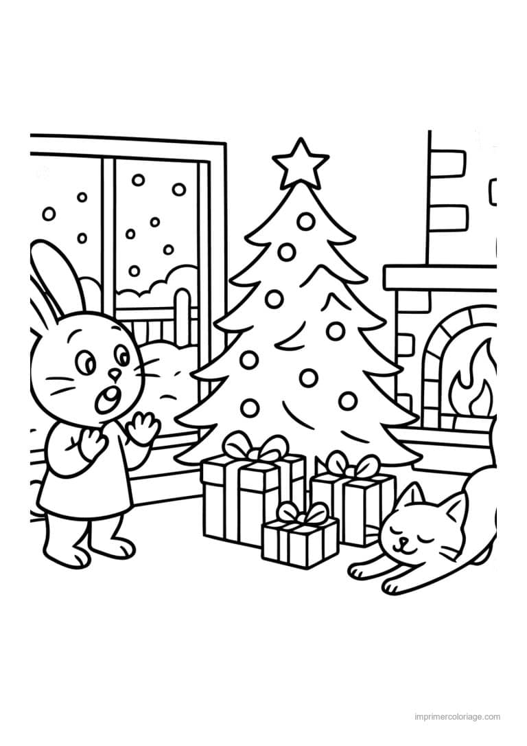 coloriage noel cozy lapin et chat sous le sapin - dessin gratuit &agrave; imprimer
