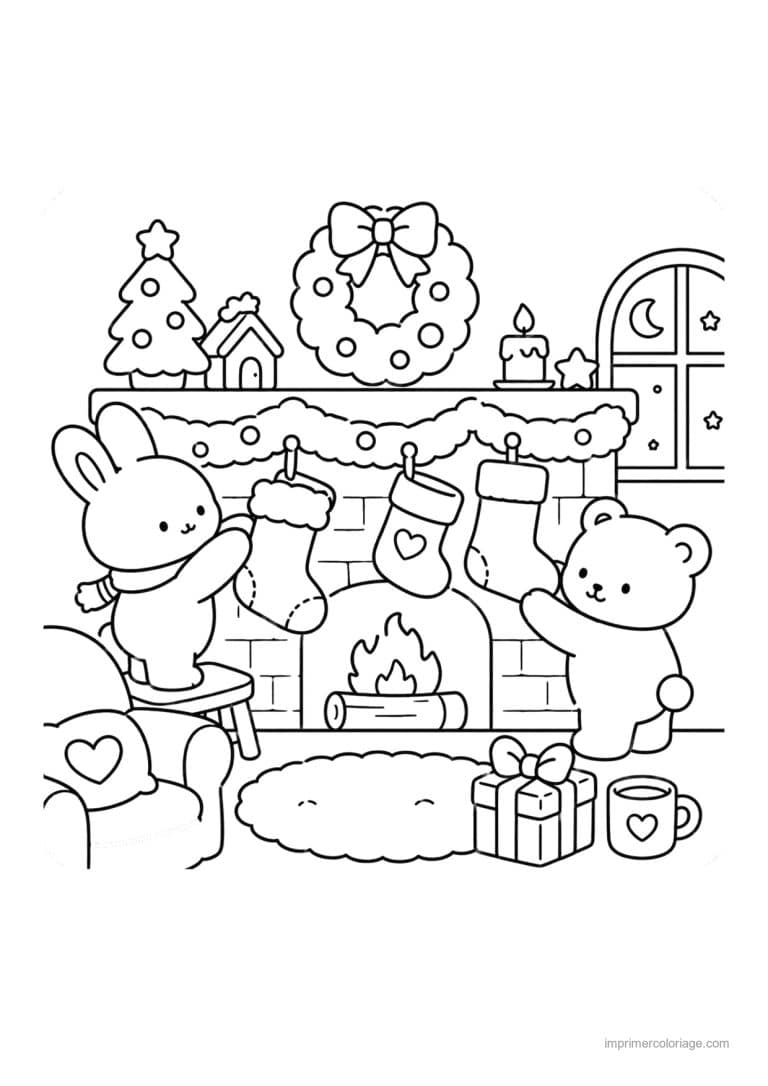 coloriage noel cozy lapin et ours accrochent les chaussettes - dessin gratuit &agrave; imprimer